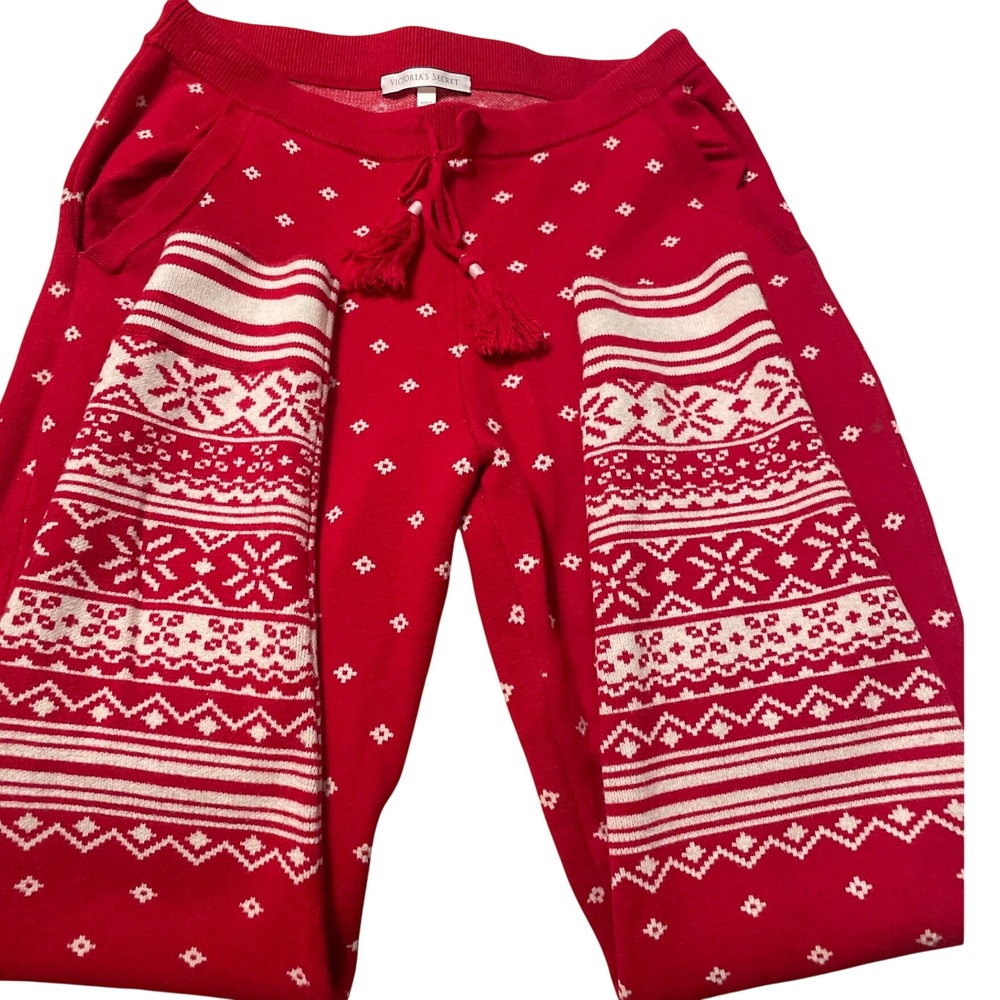 Victoria's Secret Red Fair Isle Snowflake Knit Pajama Pants Tassel Jogger Medium